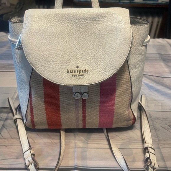 Kate ♠️ Spade White Pebbled Leather Backpack w/ pink, orange, brown fabric front - Picture 6 of 16